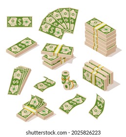 Cartoon bills money. Dollar cash, abundance dollars in pile and fan. Banknote stack, banking or prosperous business. Currency exact vector set