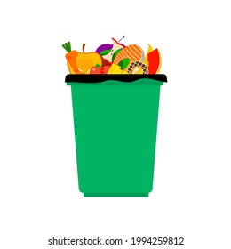 Cartoon of a bin and wet waste on white background.