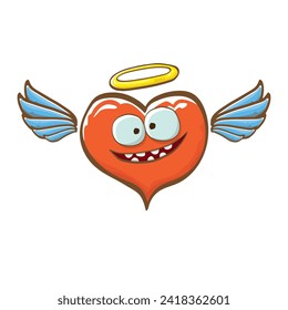 Cartoon bintage groovy heart character with wings and holy angel golden nimbus isolated on white background. Conceptual valentines day comic funky heart sticker and label vintage cartoon comic style