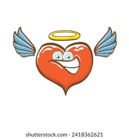 Cartoon bintage groovy heart character with wings and holy angel golden nimbus isolated on white background. Conceptual valentines day comic funky heart sticker and label vintage cartoon comic style