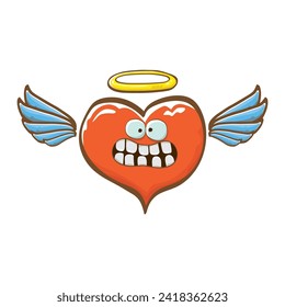 Cartoon bintage groovy heart character with wings and holy angel golden nimbus isolated on white background. Conceptual valentines day comic funky heart sticker and label vintage cartoon comic style