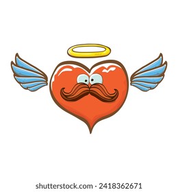 Cartoon bintage groovy heart character with wings and holy angel golden nimbus isolated on white background. Conceptual valentines day comic funky heart sticker and label vintage cartoon comic style