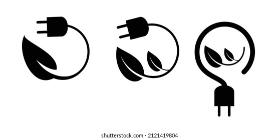 Cartoon bio, eco power icon or symbol. Natural energy saveing leaves and electric plugs. Electrical cable plug with leaf. Ecology concept. CO2 emissions, carbon, dioxide formula. Save the planet