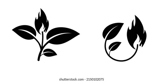 Cartoon biogas with fire flame and leaf icon or symbol. Natural bio gas energy. Sign, environment renewable industry Ecology concept. leaves and plant. Leaf fire logo. Eco flames. Nature flamme energy