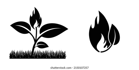 Cartoon biogas with fire flame and leaf icon or symbol. Natural bio gas energy. Sign, environment renewable industry Ecology concept. leaves and plant. Leaf fire logo. Eco flames. Nature flamme energy