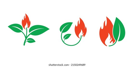 Cartoon Biogas With Fire Flame And Leaf Icon, Symbol. Natural Energy. Environment Renewable Industry. Ecology Concept. Leaves And Plant. Leaf Fire Logo. Eco Flames. Nature Bio Gas. Climate Crisis