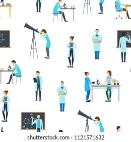 Cartoon Biologists, Chemists and Physicists Seamless Pattern Background on a White Science Research and Experiment Professional in Laboratory Concept Flat Design Style. Vector illustration