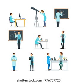 Cartoon Biologists, Chemists and Physicists Set Science Research and Experiment Professional in Laboratory Concept Flat Design Style. Vector illustration