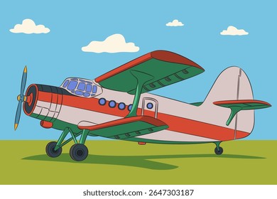 Cartoon biplano em aeródromo gramado