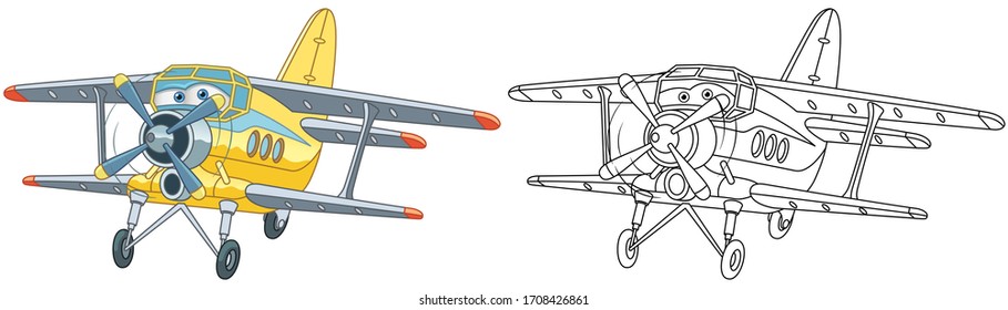 Cartoon biplane. Coloring page and colorful clipart character. Cute design for t shirt print, icon, logo, label, patch or sticker. Vector illustration.