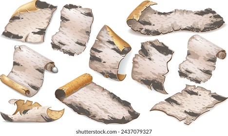 Cartoon birch bark of magic spells and witchcraft, old paper, scroll and parchment. Set 3d royal manuscript. Isolated vector illustration for computer game.