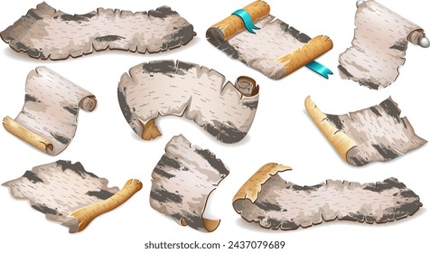 Cartoon birch bark of magic spells and witchcraft, old paper, scroll and parchment. Set 3d royal manuscript. Isolated vector illustration for computer game.