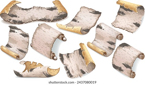 Cartoon Birke Rinde von Zaubersprüchen und Hexerei, altes Papier, Schriftrolle und Pergament. Set 3D königliches Manuskript. Isolierte Vektor-Illustration für Computerspiel.