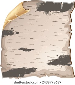 Cartoon birch bark of magic spells and witchcraft, old paper, scroll and parchment for computer game. 3d royal manuscript. Isolated vector illustration.