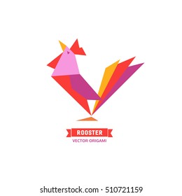 Cartoon bird. Abstract rooster sign. Freehand drawn stylized origami emblem. Template geometric logo design. Cock symbol icon isolated on white. Design element banner background. Vector illustration