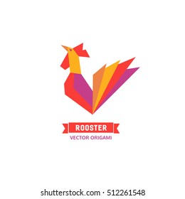 Cartoon bird. Abstract rooster sign. Freehand drawn stylized origami emblem. Template geometric logo design. Cock symbol icon isolated on white. Design element banner background. Vector illustration