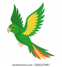  cartoon bird Amazon parrot green yellow color in flight .Colorful exotic  parrot. Isolated on white background. Side view. Vector illustration.   