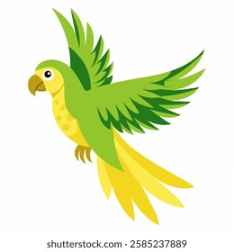  cartoon bird Amazon parrot green yellow color in flight .Colorful exotic  parrot. Isolated on white background. Side view. Vector illustration.   