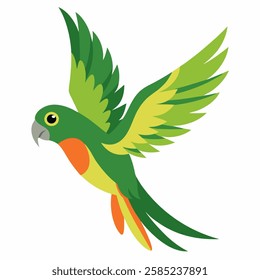  cartoon bird Amazon parrot green yellow color in flight .Colorful exotic  parrot. Isolated on white background. Side view. Vector illustration.   