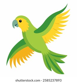  cartoon bird Amazon parrot green yellow color in flight .Colorful exotic  parrot. Isolated on white background. Side view. Vector illustration.   