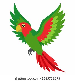  cartoon bird Amazon parrot green red color in flight .Colorful exotic macaw parrot. Isolated on white background. Side view. Vector illustration.