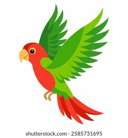  cartoon bird Amazon parrot green red color in flight .Colorful exotic macaw parrot. Isolated on white background. Side view. Vector illustration.