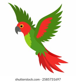  cartoon bird Amazon parrot green red color in flight .Colorful exotic macaw parrot. Isolated on white background. Side view. Vector illustration.