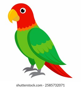  Cartoon bird Amazon parrot green red color.Colorful exotic macaw parrot. Isolated on white background.Suitable for education poster infographic guide catalo.Side view.Vector illustration.