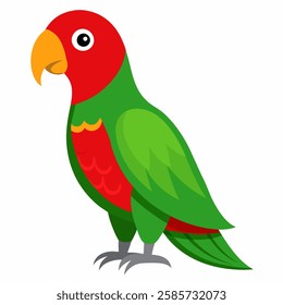  Cartoon bird Amazon parrot green red color.Colorful exotic macaw parrot. Isolated on white background.Suitable for education poster infographic guide catalo.Side view.Vector illustration.