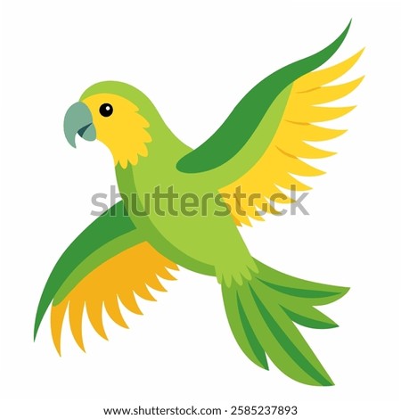  cartoon bird Amazon parrot green yellow color in flight .Colorful exotic  parrot. Isolated on white background. Side view. Vector illustration.   