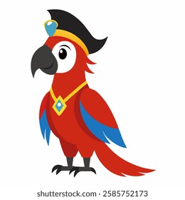  cartoon bird Amazon parrot red color in clothes.Colorful exotic parrot in pirate style.Suitable for education poster infographic guide catalog,children's books. Isolated on white background.Vector 