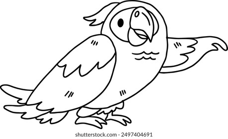 A cartoon bird with its beak pointing up. The bird is wearing a hat and is standing on a white background