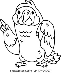 A cartoon bird with its beak pointing up. The bird is wearing a hat and is standing on a white background