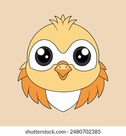 A cartoon bird with big eyes and orange feathers. The bird is looking at the camera. The image is in black and white