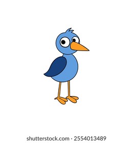 A cartoon bird with big eyes stands on its two legs. The bird is blue and has a yellow beak