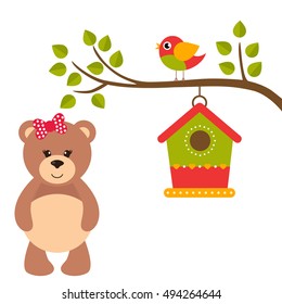 cartoon bird and birdhouse on a branch and teddy
