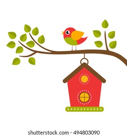 cartoon bird and birdhouse on a branch