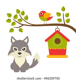 cartoon bird and birdhouse on a branch and wolf