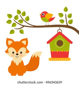 cartoon bird and birdhouse on a branch and fox