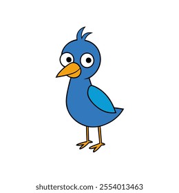 A cartoon bird with a blue body and orange beak. The bird has a surprised look on its face