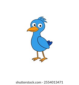 A cartoon bird with a blue body and orange beak. The bird is looking at the camera with its eyes wide open