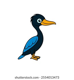 A cartoon bird with a blue body and orange beak. It is standing on a white background