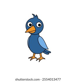 A cartoon bird with a blue body and orange beak. The bird is looking at the camera with its eyes wide open