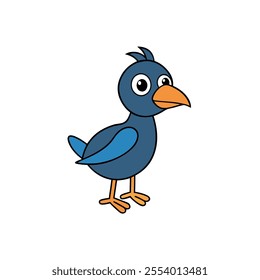 A cartoon bird with a blue body and orange beak. The bird is looking at the camera with a curious expression