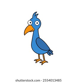 A cartoon bird with a blue body and orange beak. The bird has a surprised look on its face