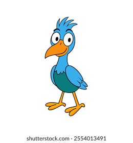 A cartoon bird with a blue body and orange beak. The bird is looking at the camera with a surprised expression