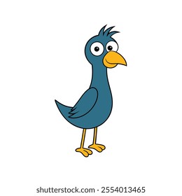 A cartoon bird with a blue body and yellow beak. The bird has a surprised expression on its face