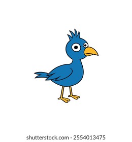 A cartoon bird with a blue body and yellow beak. The bird is standing on two legs and has a surprised expression on its face