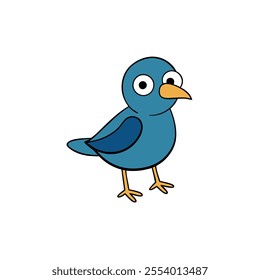 A cartoon bird with a blue body and yellow beak. The bird has a surprised look on its face