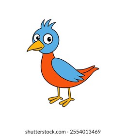 A cartoon bird with blue and orange feathers is standing on a white background. The bird has a big, bright blue eye and a yellow beak. Scene is cheerful and playful